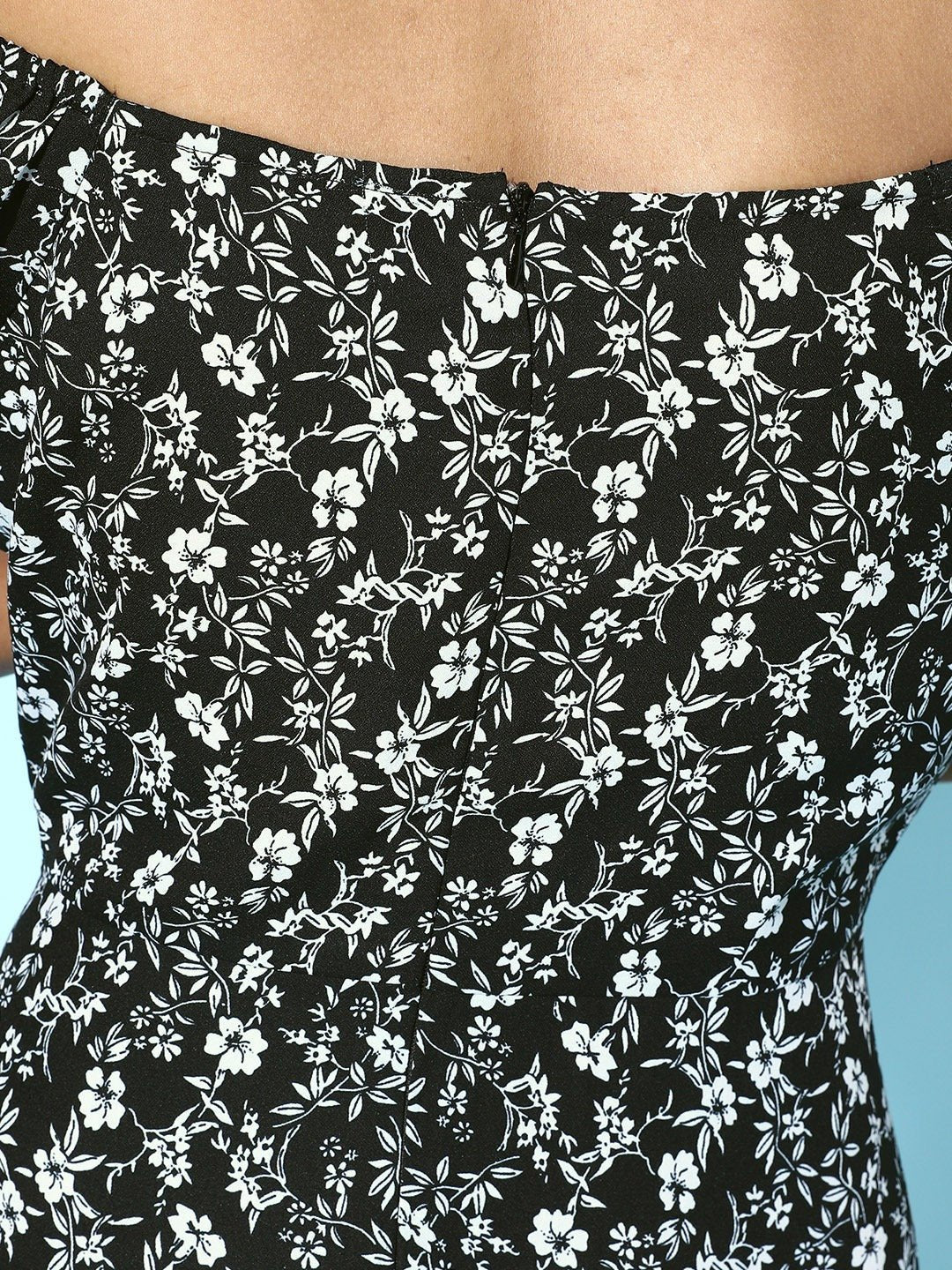 Folk Republic Women Black & White Floral Printed Off-Shoulder Front Tie-Up Fit & Flare Mini Dress - #folk republic#
