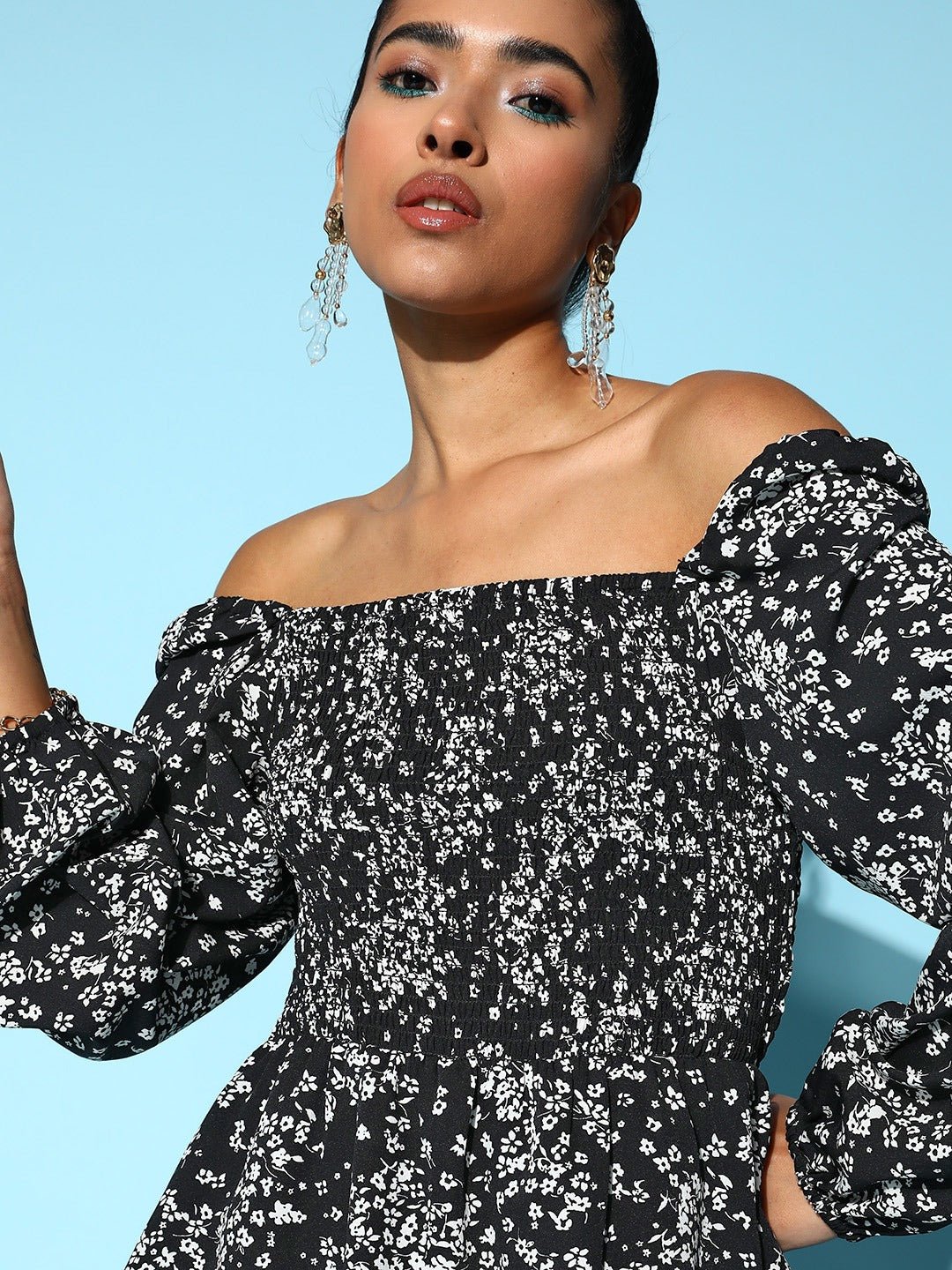 Folk Republic Women Black & White Floral Printed Off-Shoulder Neck Cuff Sleeves Layered Mini Jumpsuit - #folk republic#