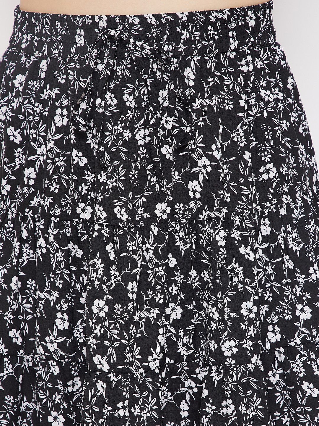 Folk Republic Women Black & White Floral Printed Tie Elastic Waist Flared A-Line Mini Skirt - #folk republic#