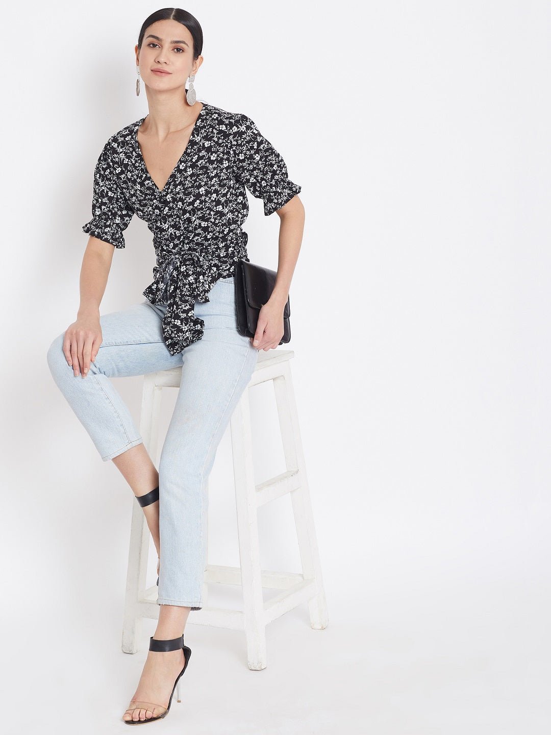 Folk Republic Women Black & White Floral Printed Tie Knot Top - #folk republic#