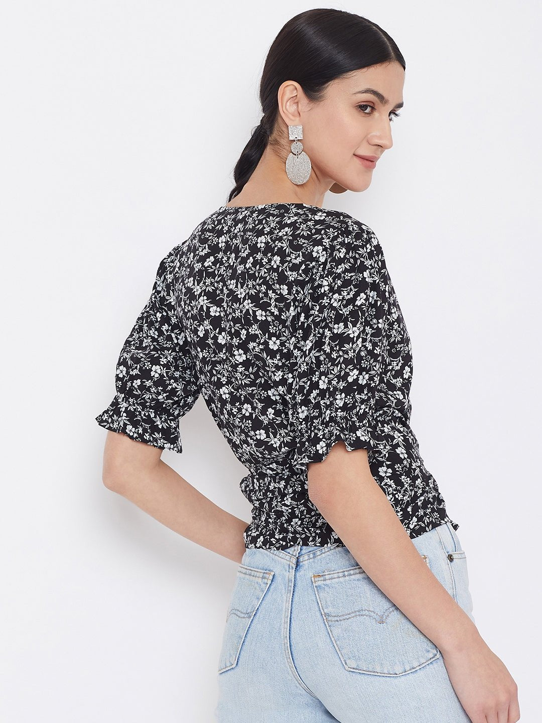 Folk Republic Women Black & White Floral Printed Tie Knot Top - #folk republic#