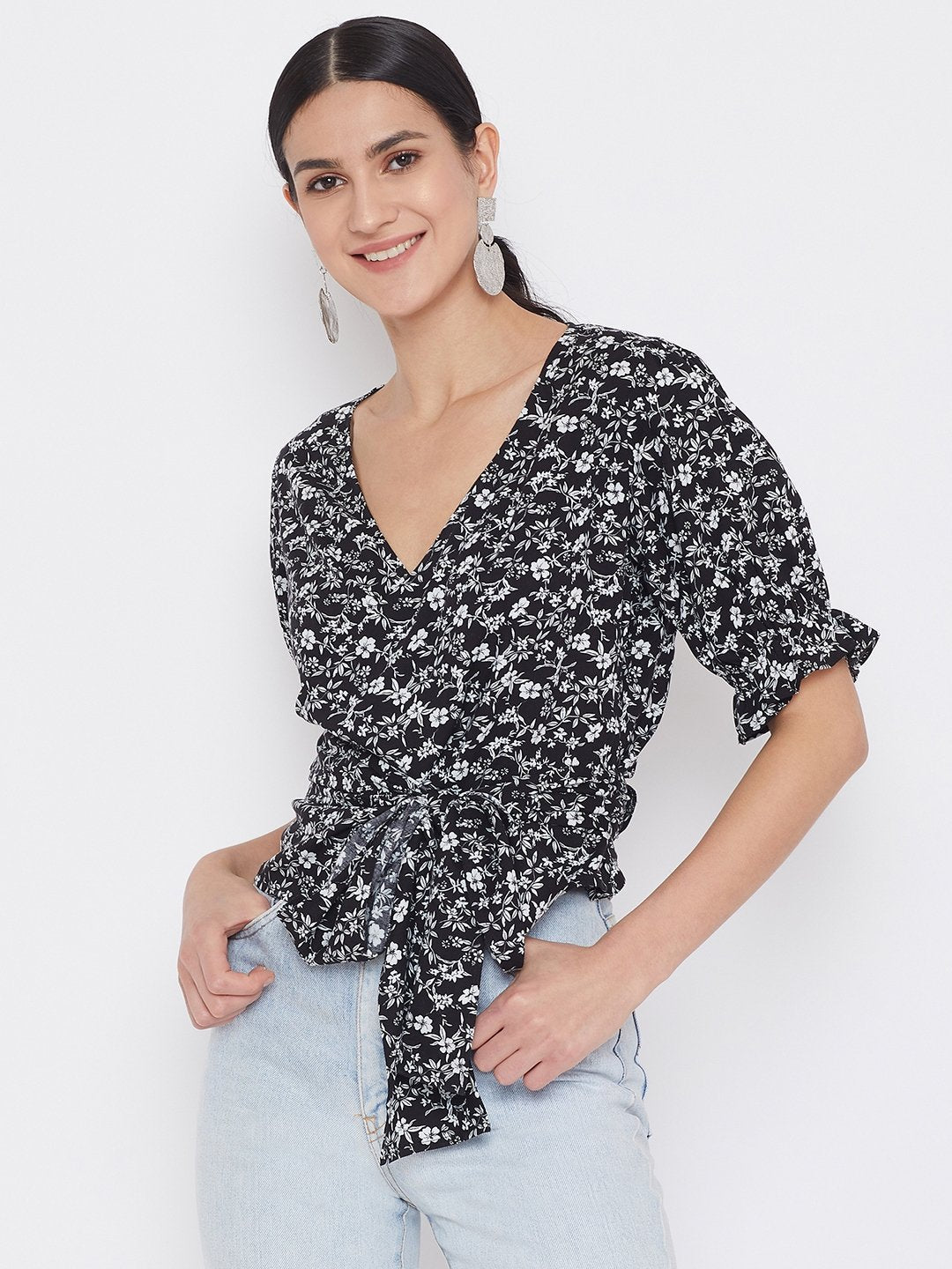 Folk Republic Women Black & White Floral Printed Tie Knot Top - #folk republic#