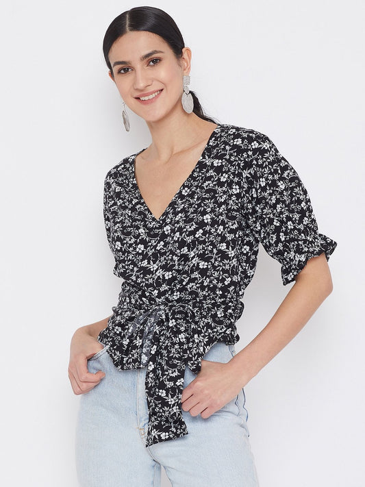 Folk Republic Women Black & White Floral Printed Tie Knot Top - #folk republic#