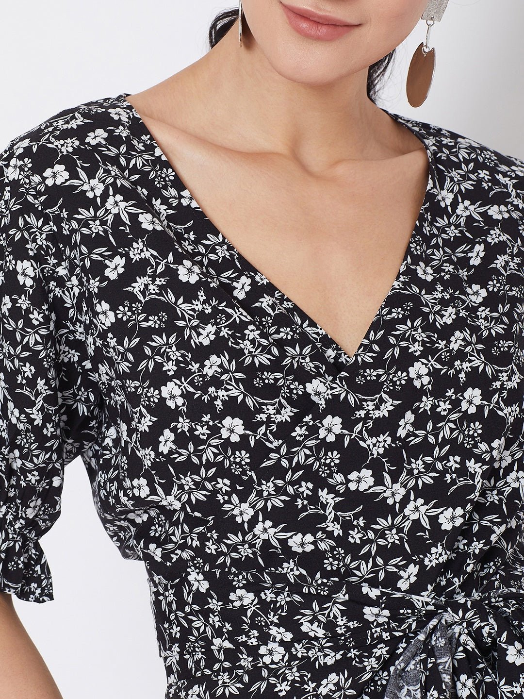 Folk Republic Women Black & White Floral Printed Tie Knot Top - #folk republic#