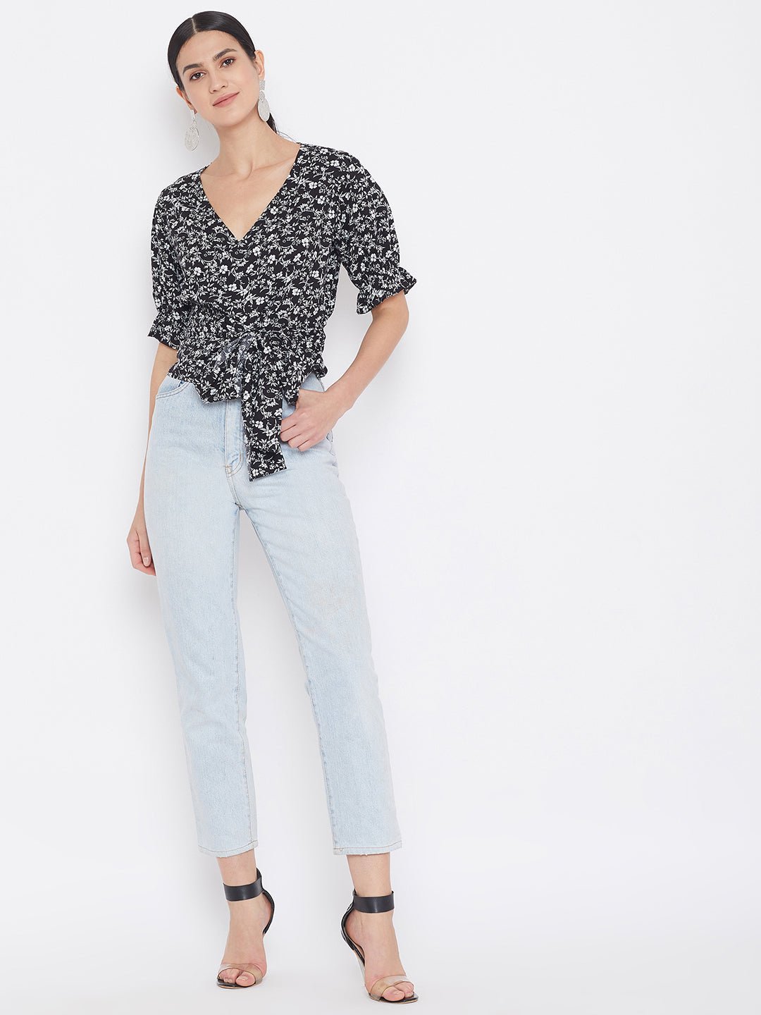 Folk Republic Women Black & White Floral Printed Tie Knot Top - #folk republic#