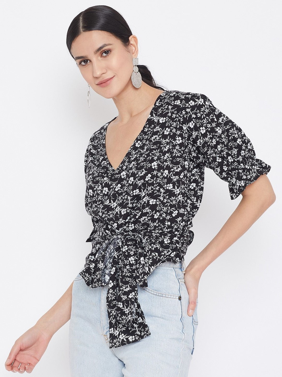 Folk Republic Women Black & White Floral Printed Tie Knot Top - #folk republic#