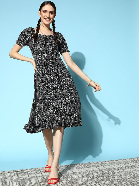 Folk Republic Women Black & White Floral Printed Tie-Up Neck Flounce Hem Pleated A-Line Midi Dress - #folk republic#