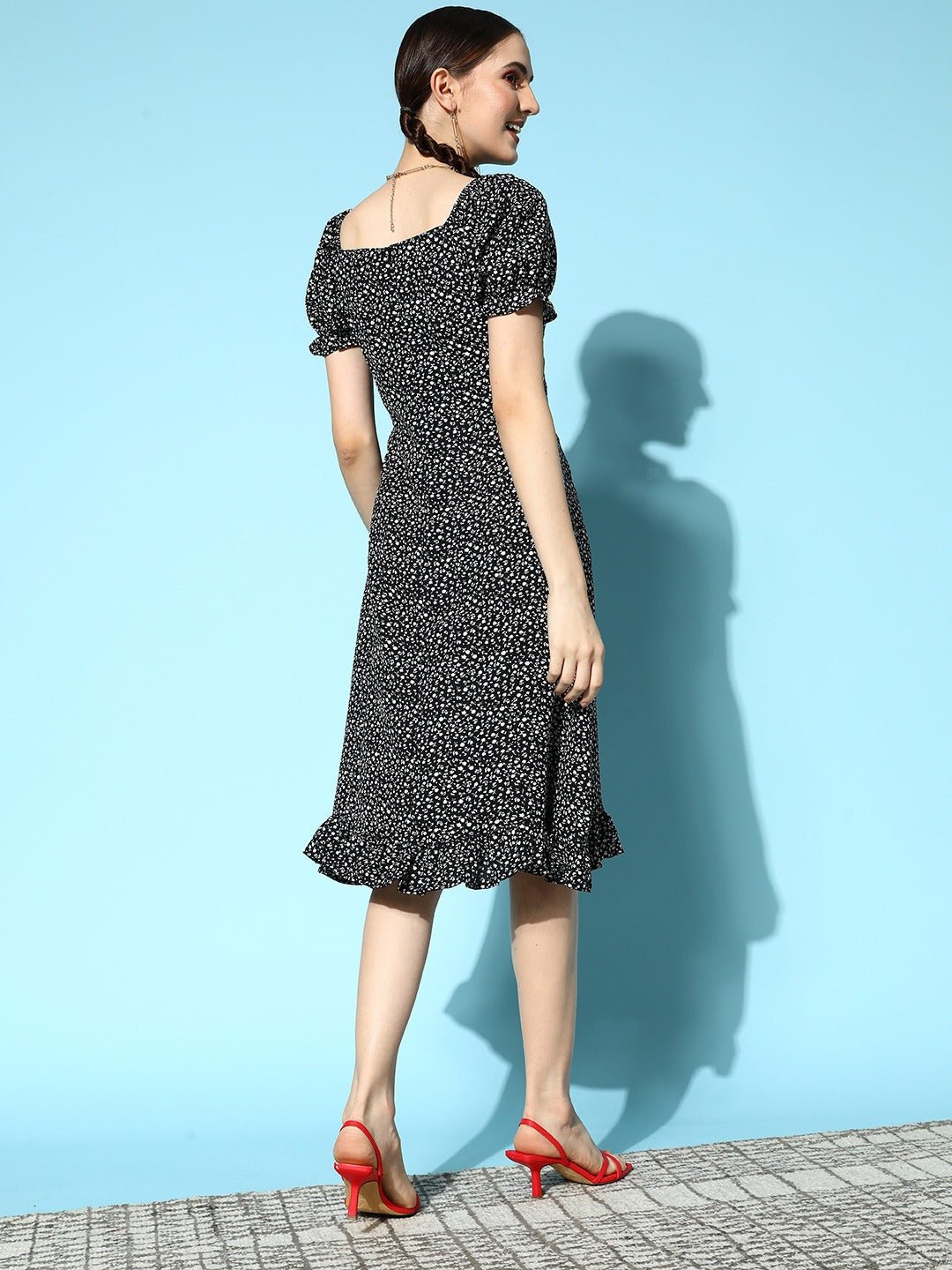 Folk Republic Women Black & White Floral Printed Tie-Up Neck Flounce Hem Pleated A-Line Midi Dress - #folk republic#