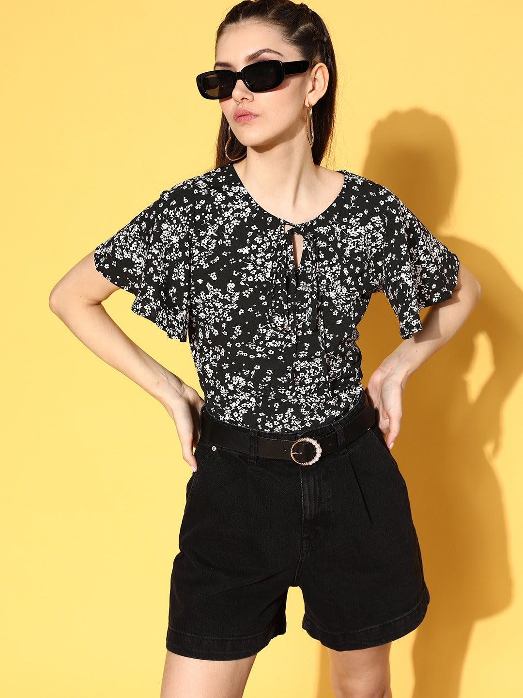 Folk Republic Women Black & White Floral Printed Tie-Up Neck Flutter Sleeve Crepe Regular Top - #folk republic#