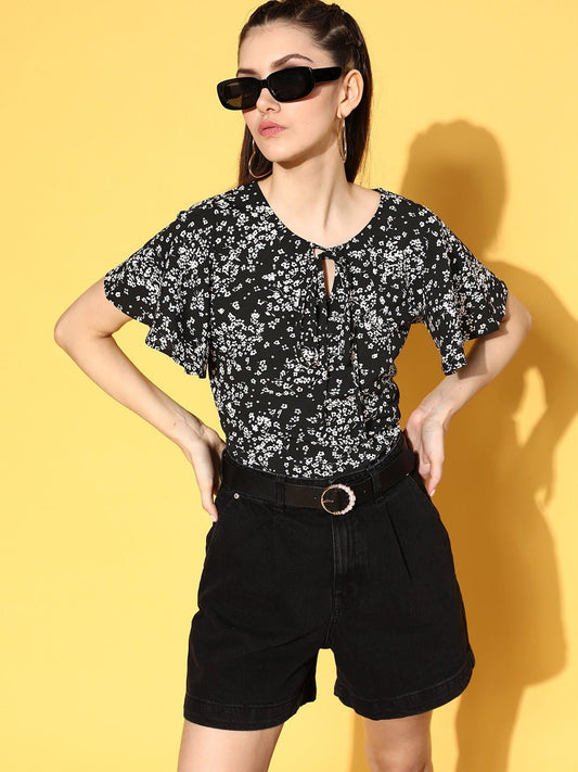 Folk Republic Women Black & White Floral Printed Tie-Up Neck Flutter Sleeve Crepe Regular Top - #folk republic#