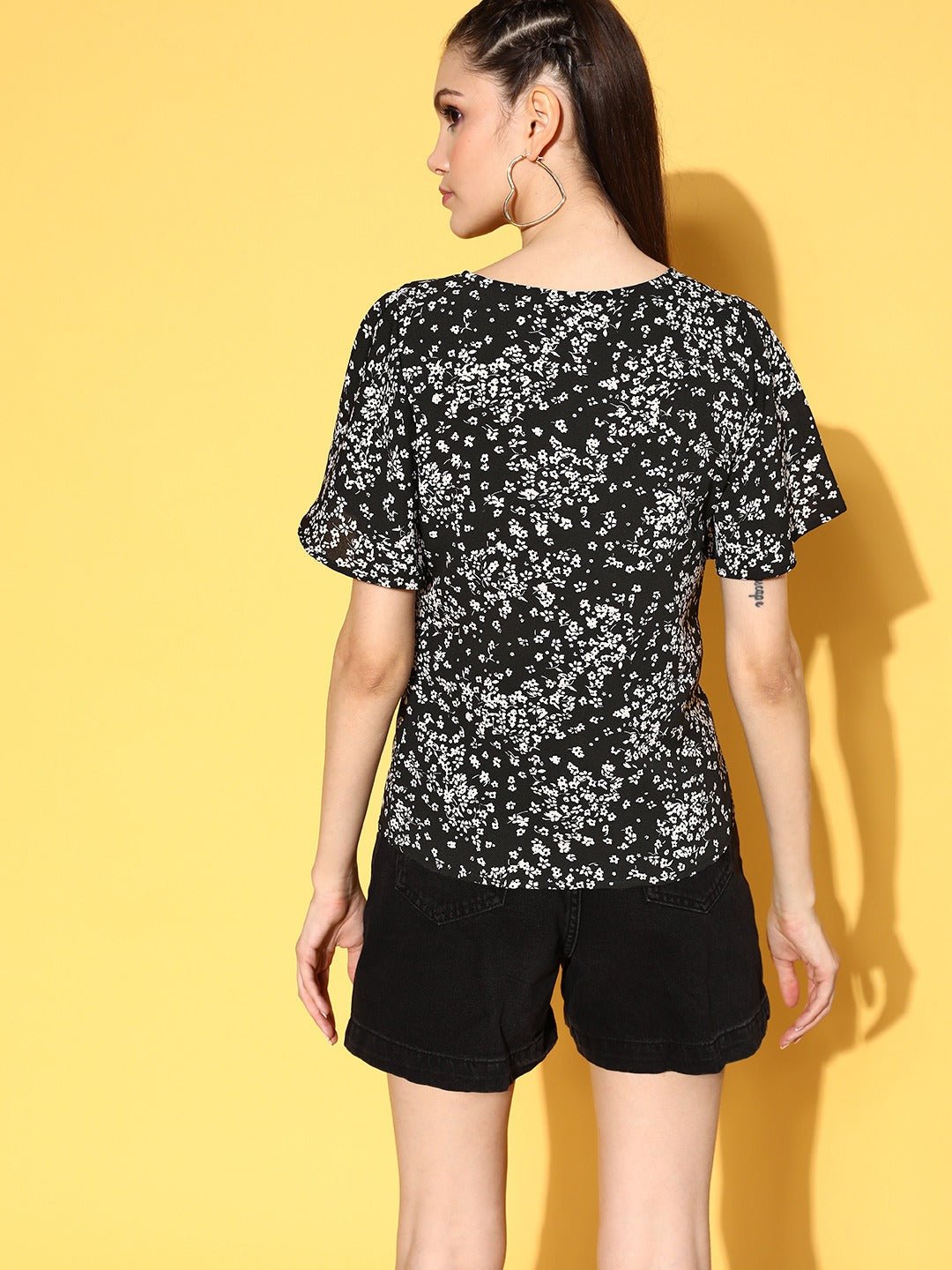Folk Republic Women Black & White Floral Printed Tie-Up Neck Flutter Sleeve Crepe Regular Top - #folk republic#