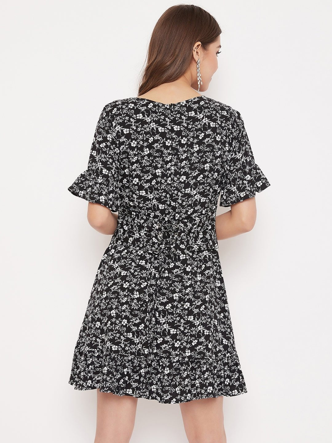 Folk Republic Women Black & White Floral Printed V-Neck Bell Sleeve Flared Wrap Mini Dress - #folk republic#