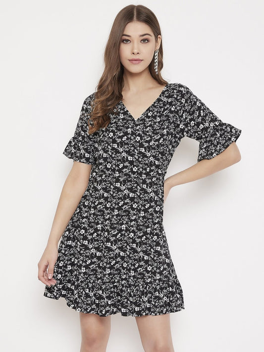 Folk Republic Women Black & White Floral Printed V-Neck Bell Sleeve Flared Wrap Mini Dress - #folk republic#