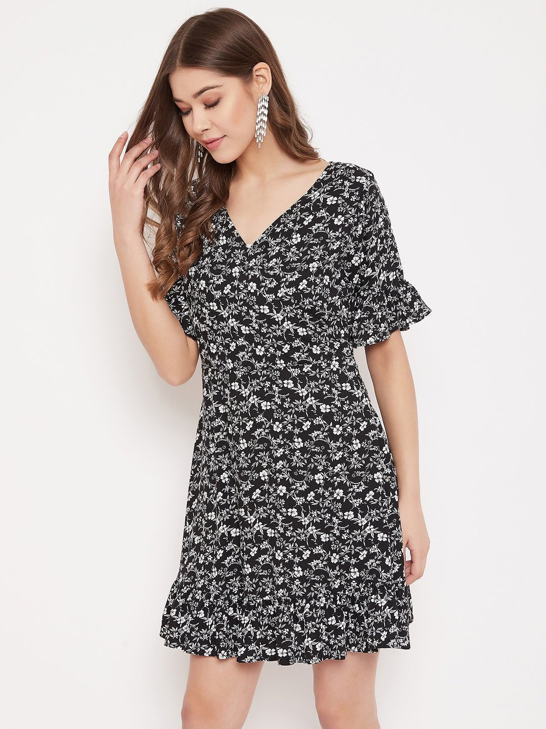 Folk Republic Women Black & White Floral Printed V-Neck Bell Sleeve Flared Wrap Mini Dress - #folk republic#