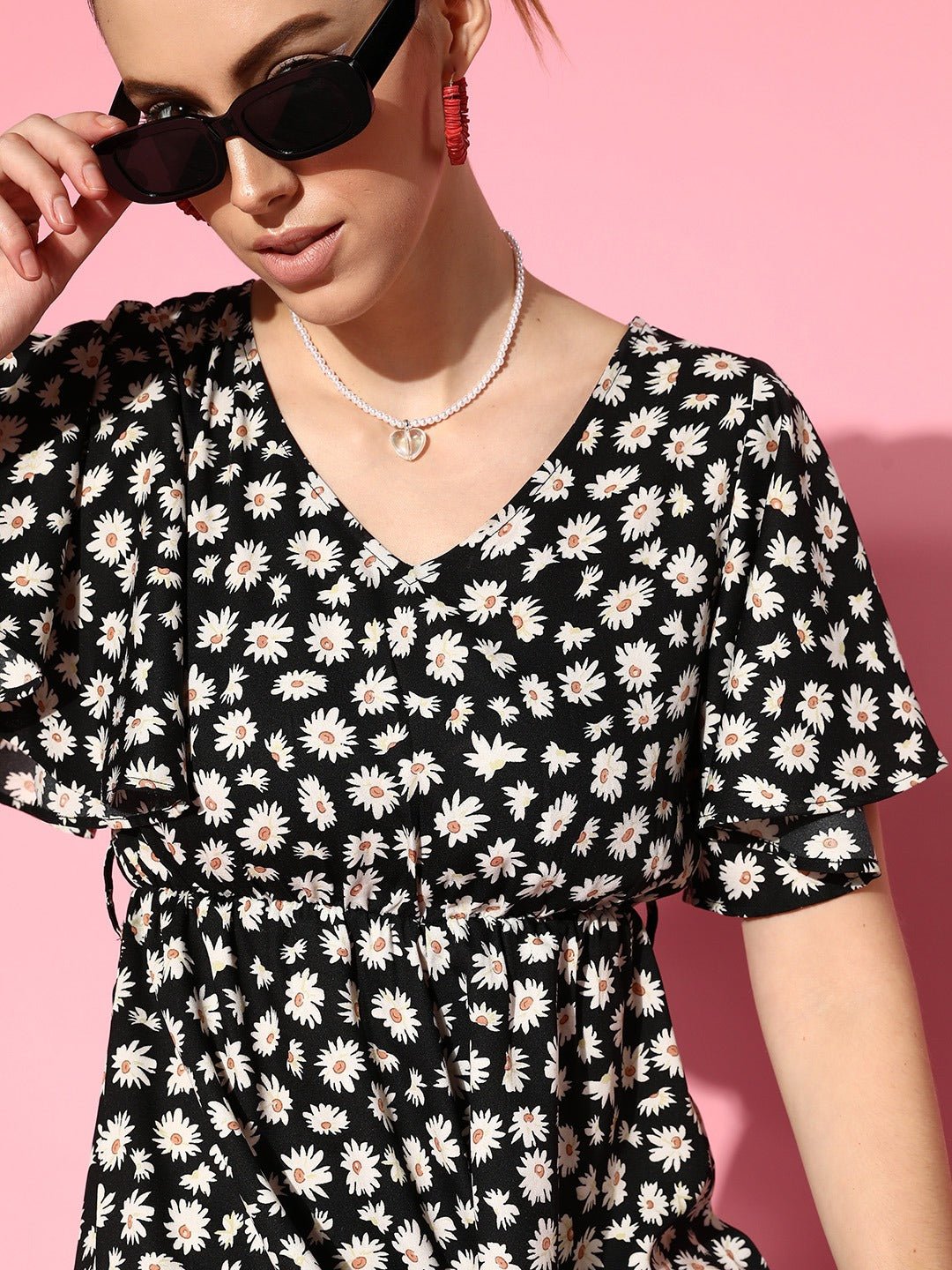Folk Republic Women Black & White Floral Printed V-Neck Waist Tie-Up Ruffled Mini Jumpsuit - #folk republic#