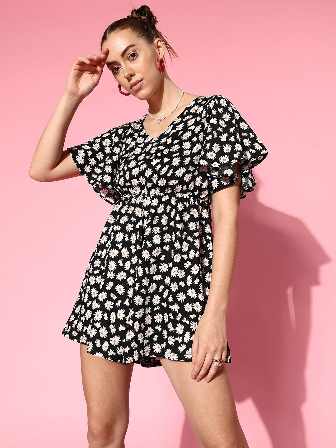 Folk Republic Women Black & White Floral Printed V-Neck Waist Tie-Up Ruffled Mini Jumpsuit - #folk republic#