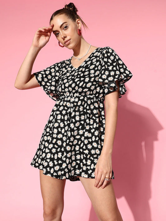 Folk Republic Women Black & White Floral Printed V-Neck Waist Tie-Up Ruffled Mini Jumpsuit - #folk republic#
