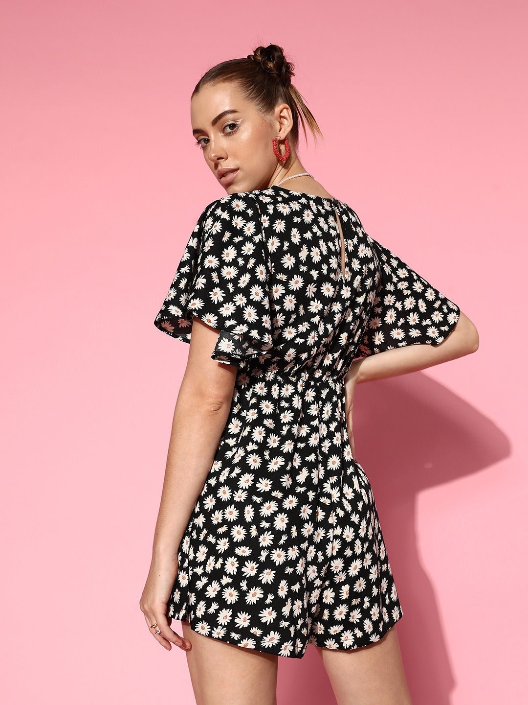 Folk Republic Women Black & White Floral Printed V-Neck Waist Tie-Up Ruffled Mini Jumpsuit - #folk republic#