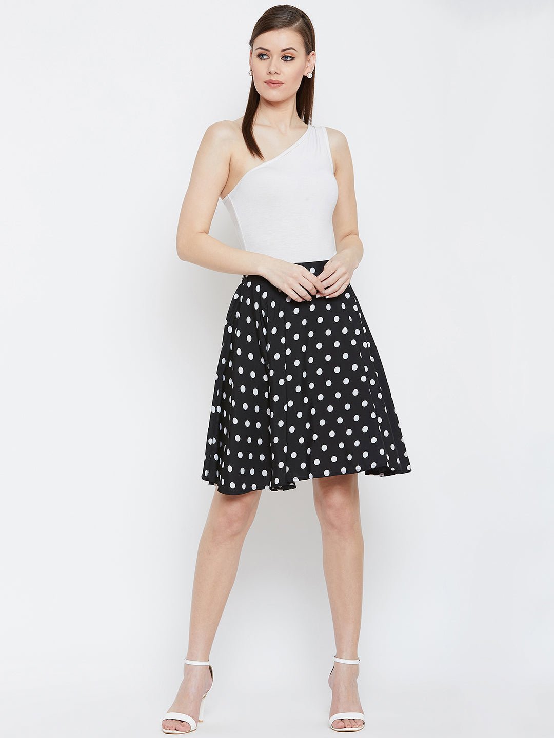 Folk Republic Women Black & White Polka Dot Printed Elastic Waist Flared Mini Skirt - #folk republic#