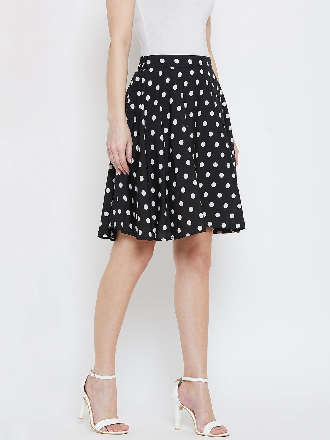 Folk Republic Women Black & White Polka Dot Printed Elastic Waist Flared Mini Skirt - #folk republic#