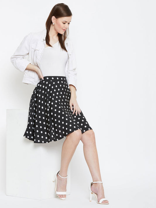 Folk Republic Women Black & White Polka Dot Printed Elastic Waist Flared Mini Skirt - #folk republic#