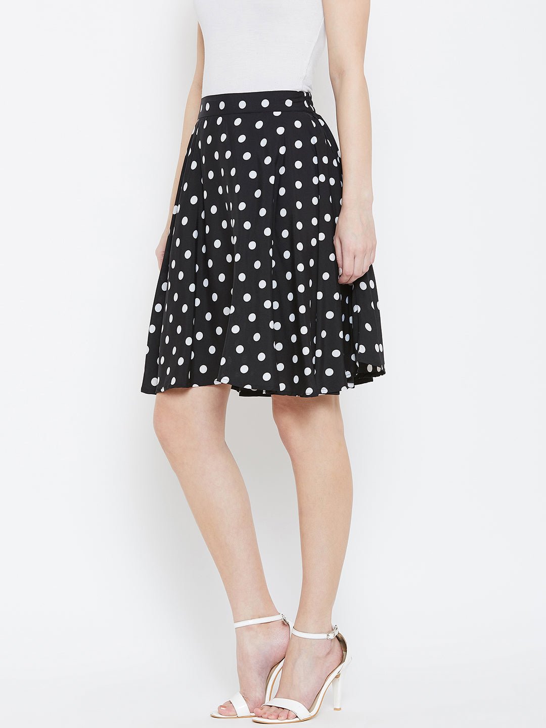 Folk Republic Women Black & White Polka Dot Printed Elastic Waist Flared Mini Skirt - #folk republic#