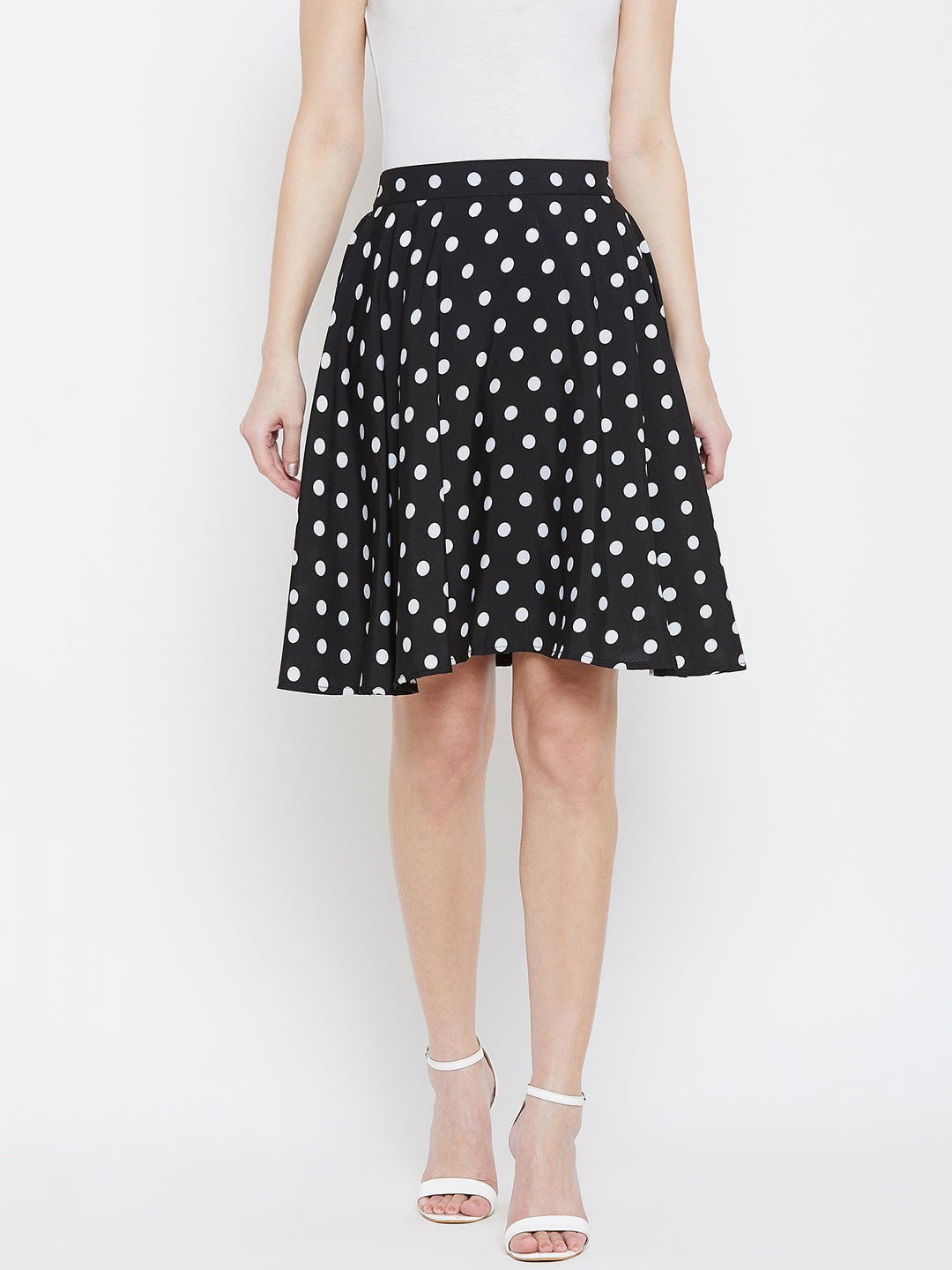 Folk Republic Women Black & White Polka Dot Printed Elastic Waist Flared Mini Skirt - #folk republic#