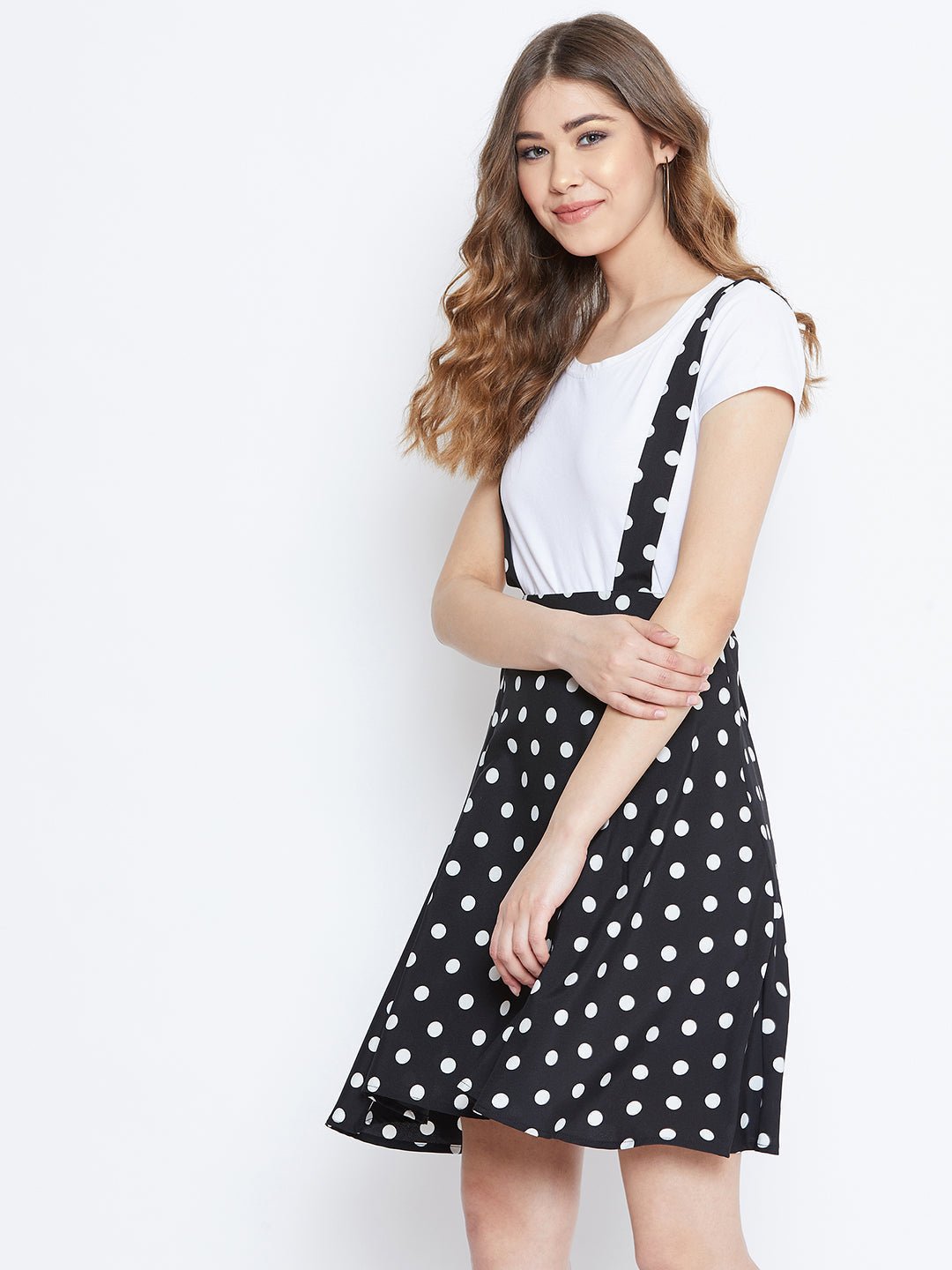 Folk Republic Women Black & White Polka Dot Printed Mid-Rise Flared Mini Skirt With Shoulder Straps - #folk republic#