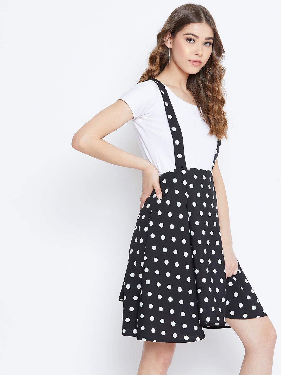 Folk Republic Women Black & White Polka Dot Printed Mid-Rise Flared Mini Skirt With Shoulder Straps - #folk republic#