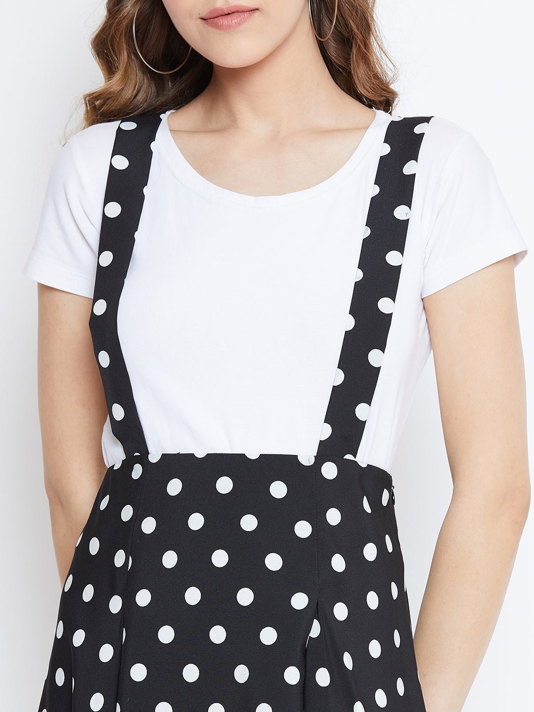 Folk Republic Women Black & White Polka Dot Printed Mid-Rise Flared Mini Skirt With Shoulder Straps - #folk republic#