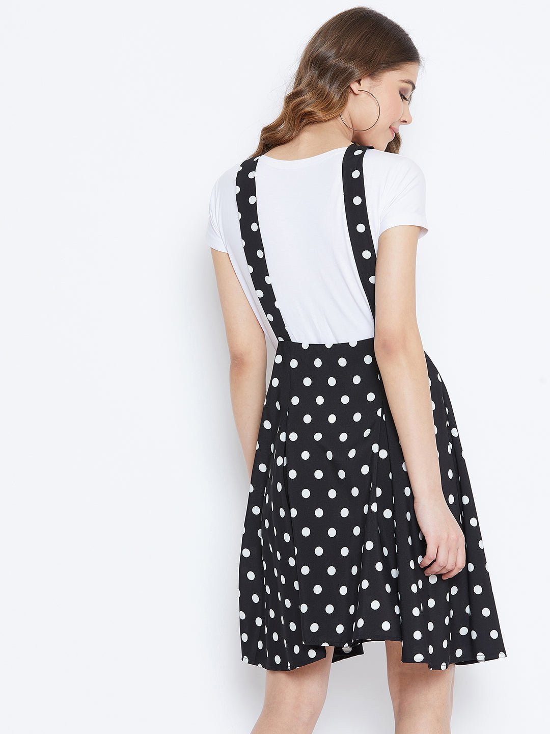 Folk Republic Women Black & White Polka Dot Printed Mid-Rise Flared Mini Skirt With Shoulder Straps - #folk republic#