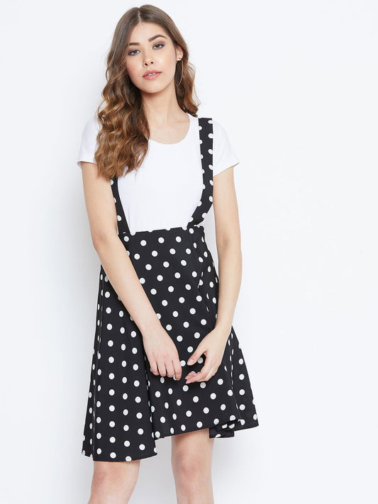 Folk Republic Women Black & White Polka Dot Printed Mid-Rise Flared Mini Skirt With Shoulder Straps - #folk republic#