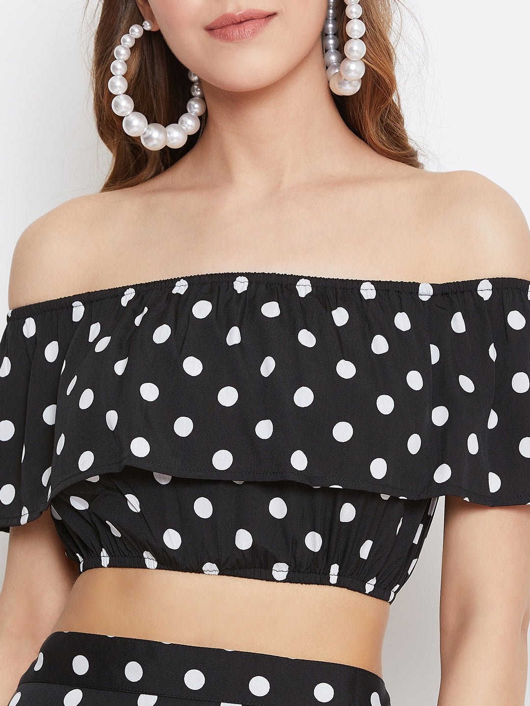 Folk Republic Women Black & White Polka Dot Printed Off-Shoulder Co-Ordinate Maxi Dress - #folk republic#