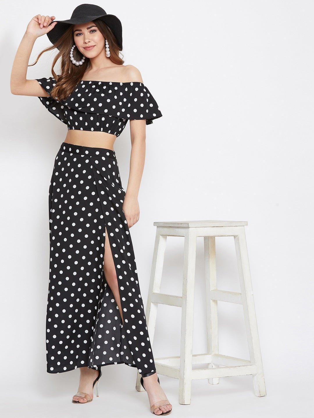 Folk Republic Women Black & White Polka Dot Printed Off-Shoulder Co-Ordinate Maxi Dress - #folk republic#