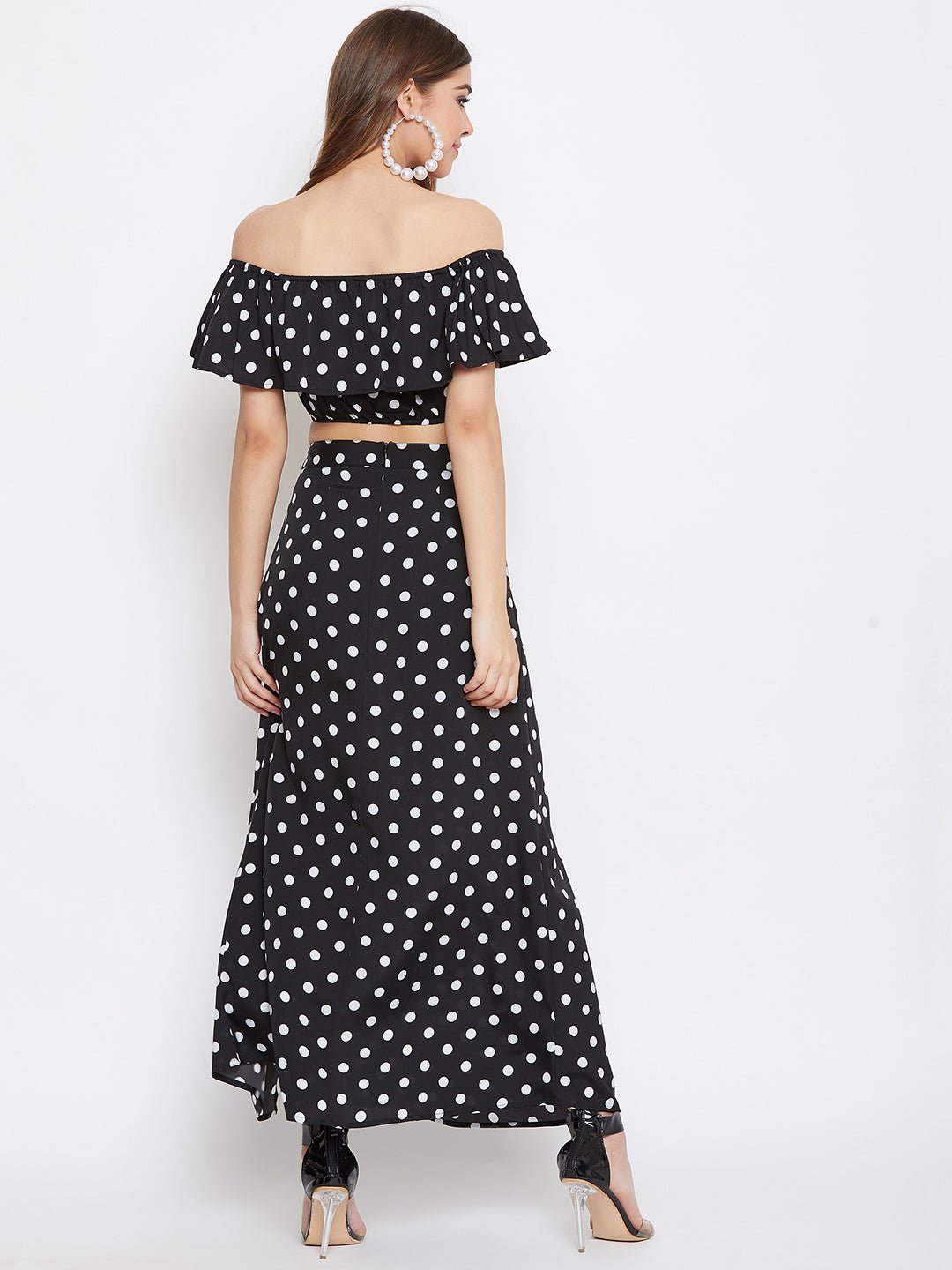 Folk Republic Women Black & White Polka Dot Printed Off-Shoulder Co-Ordinate Maxi Dress - #folk republic#