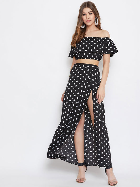 Folk Republic Women Black & White Polka Dot Printed Off-Shoulder Co-Ordinate Maxi Dress - #folk republic#