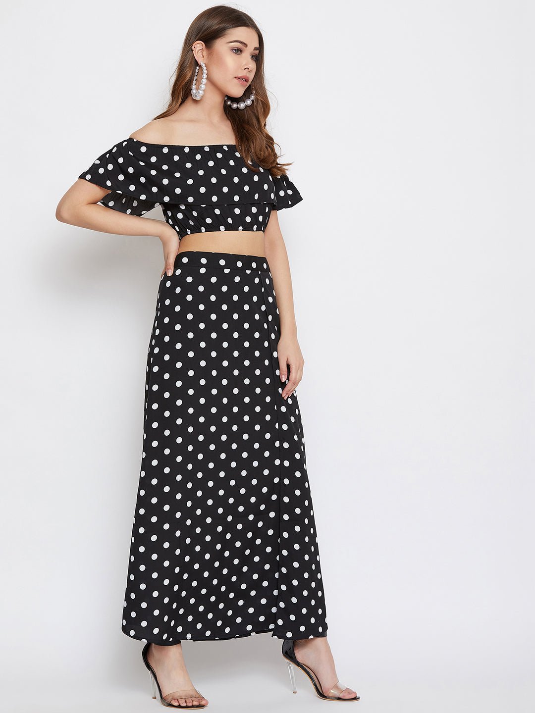 Folk Republic Women Black & White Polka Dot Printed Off-Shoulder Co-Ordinate Maxi Dress - #folk republic#