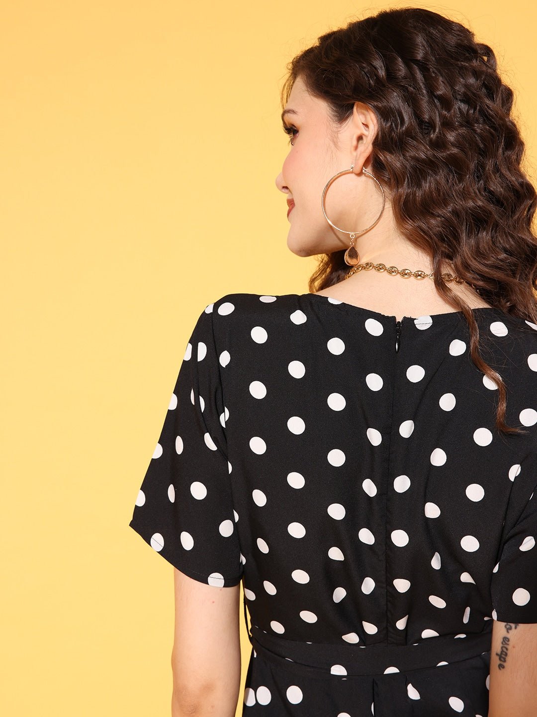 Folk Republic Women Black & White Polka Dot Printed Shawl Neck Culotte Jumpsuit - #folk republic#