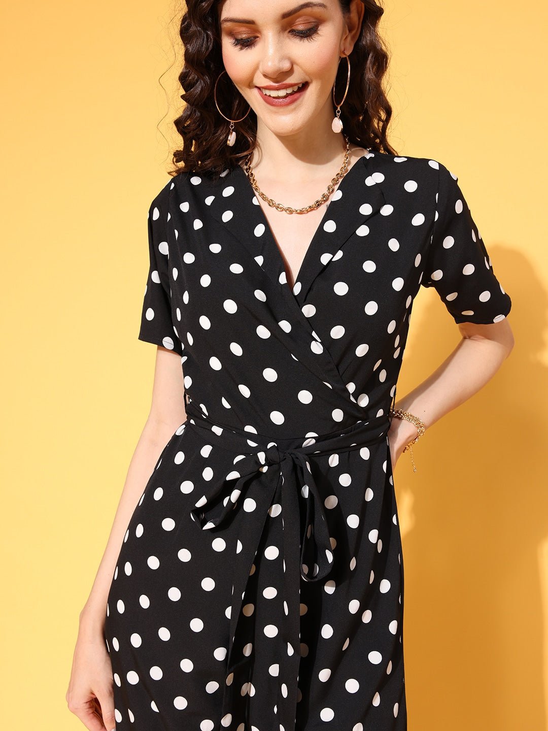 Folk Republic Women Black & White Polka Dot Printed Shawl Neck Culotte Jumpsuit - #folk republic#