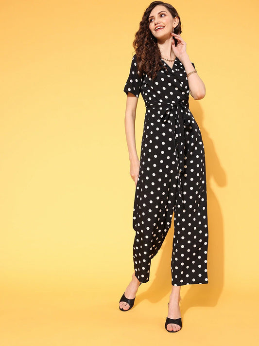 Folk Republic Women Black & White Polka Dot Printed Shawl Neck Culotte Jumpsuit - #folk republic#