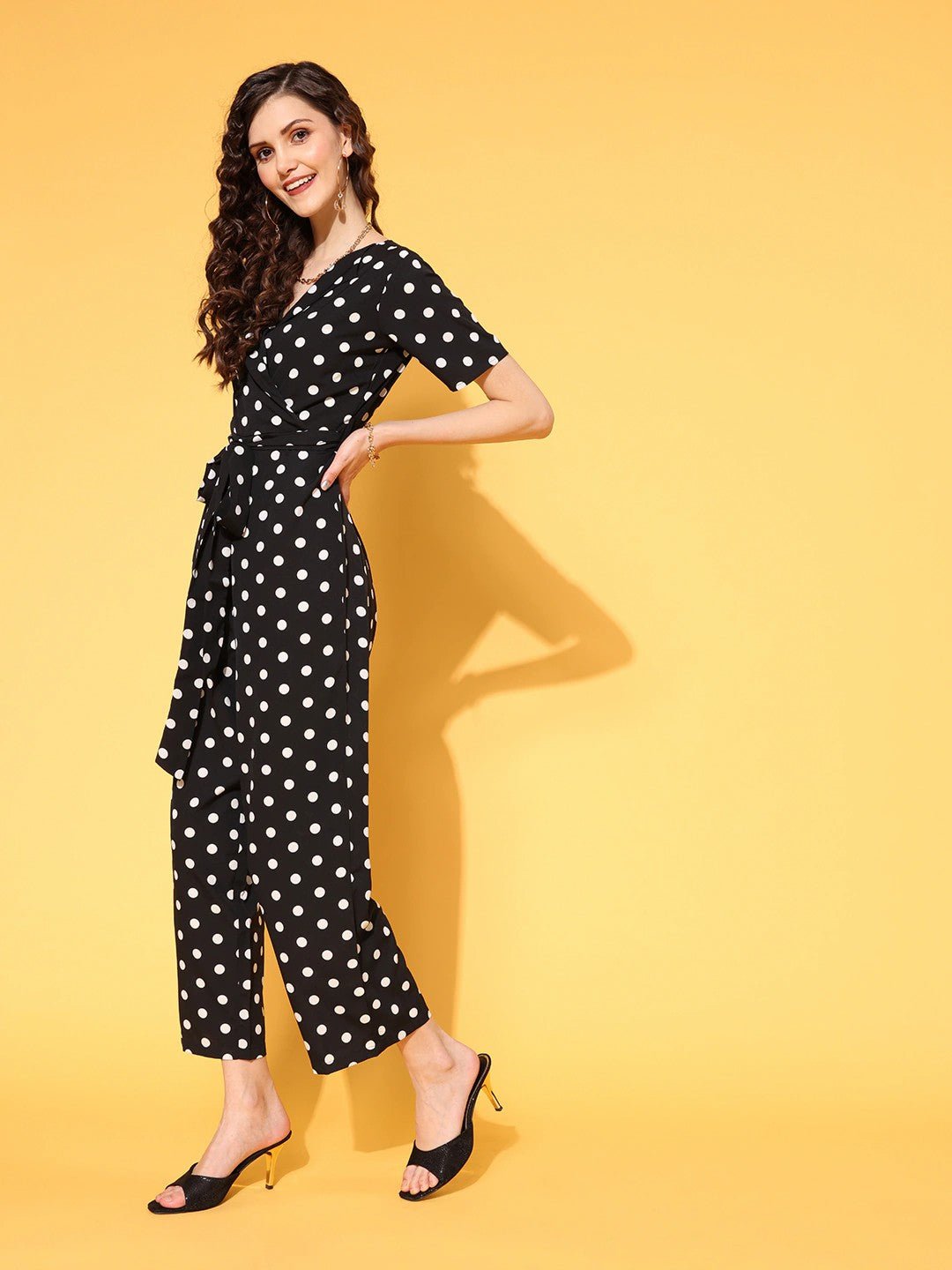 Folk Republic Women Black & White Polka Dot Printed Shawl Neck Culotte Jumpsuit - #folk republic#