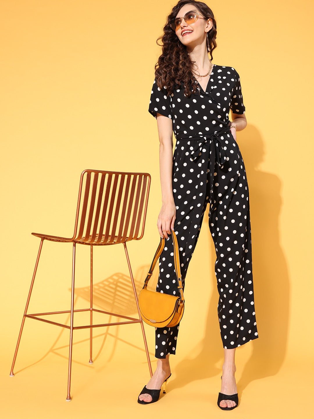 Folk Republic Women Black & White Polka Dot Printed Shawl Neck Culotte Jumpsuit - #folk republic#