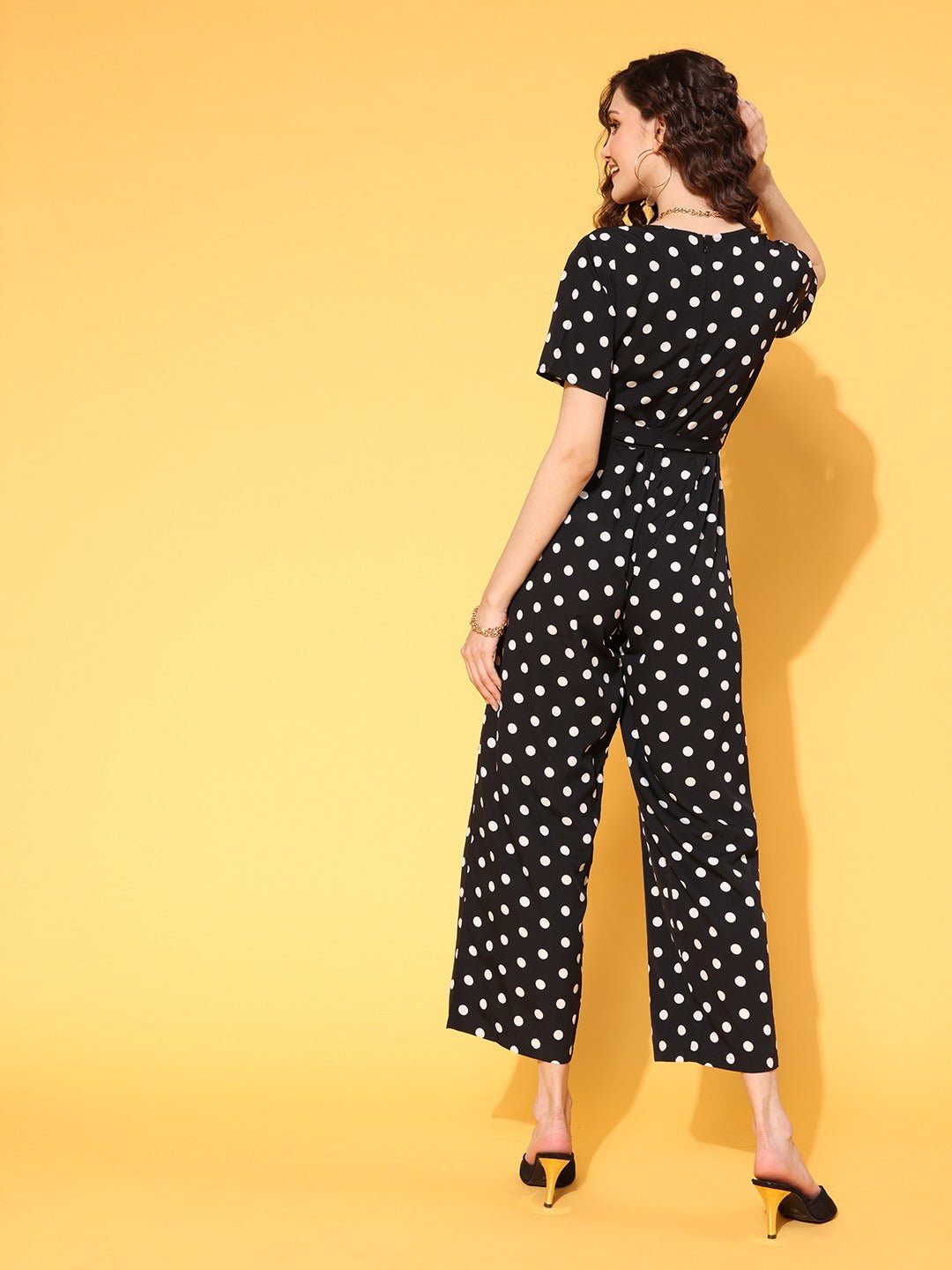 Folk Republic Women Black & White Polka Dot Printed Shawl Neck Culotte Jumpsuit - #folk republic#