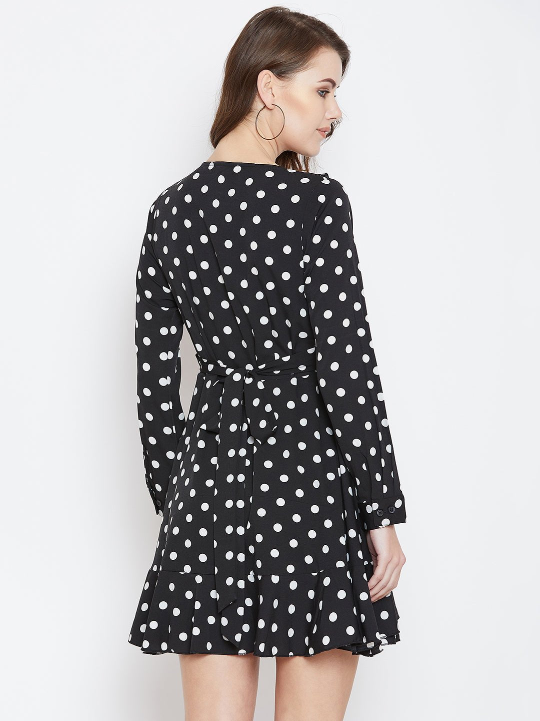 Folk Republic Women Black & White Polka Dot Printed V-Neck Flounce Wrap Mini Dress - #folk republic#