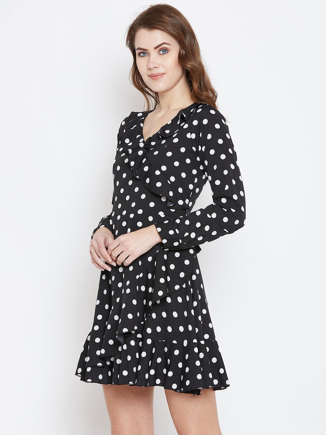Folk Republic Women Black & White Polka Dot Printed V-Neck Flounce Wrap Mini Dress - #folk republic#