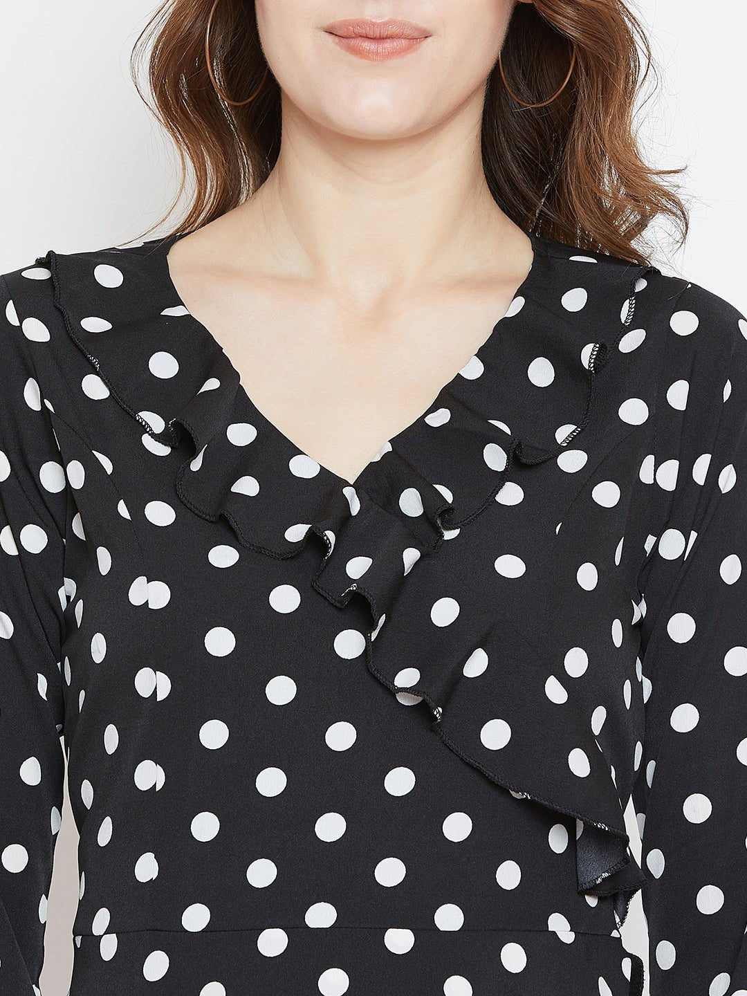 Folk Republic Women Black & White Polka Dot Printed V-Neck Flounce Wrap Mini Dress - #folk republic#