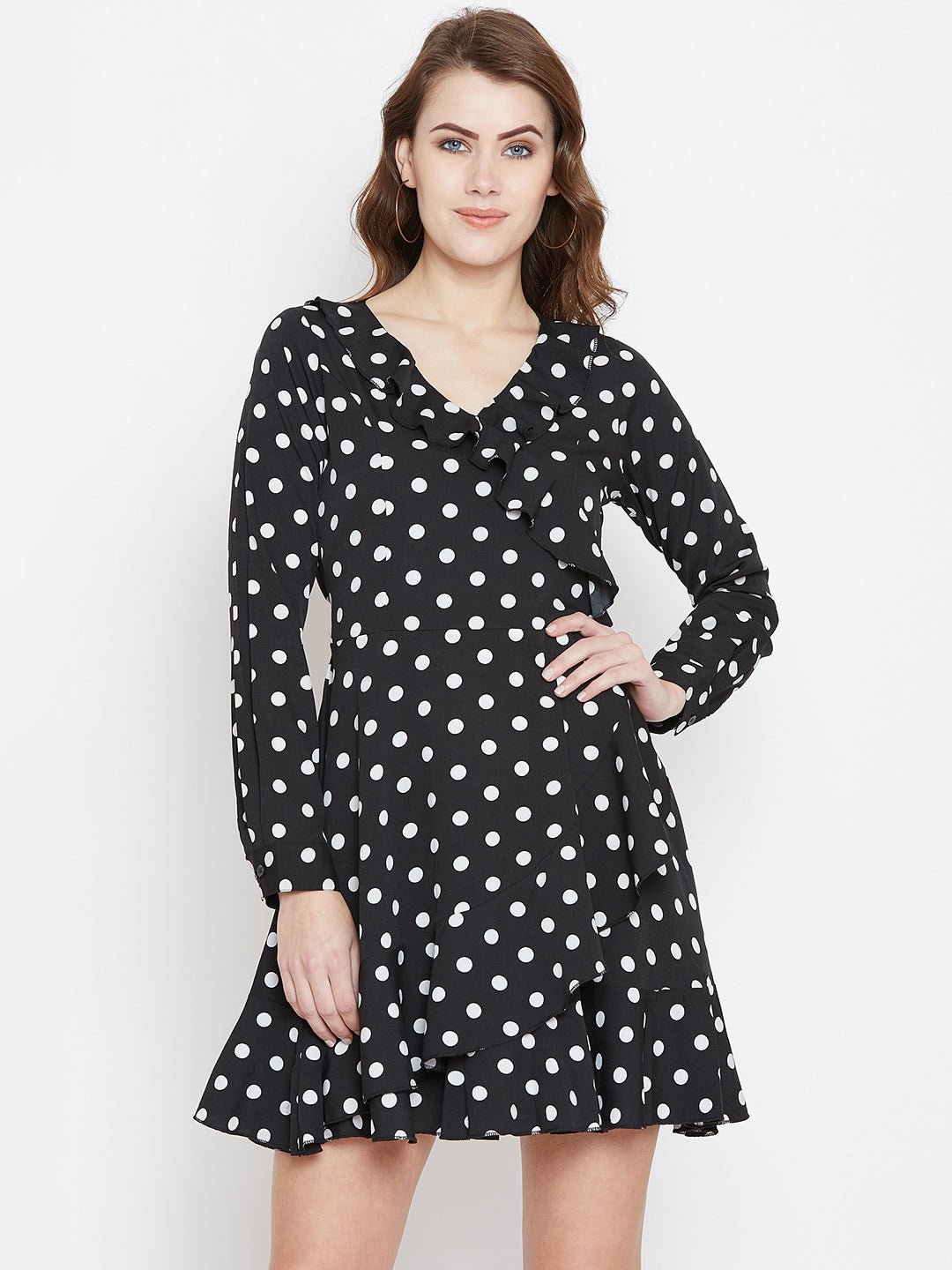 Folk Republic Women Black & White Polka Dot Printed V-Neck Flounce Wrap Mini Dress - #folk republic#