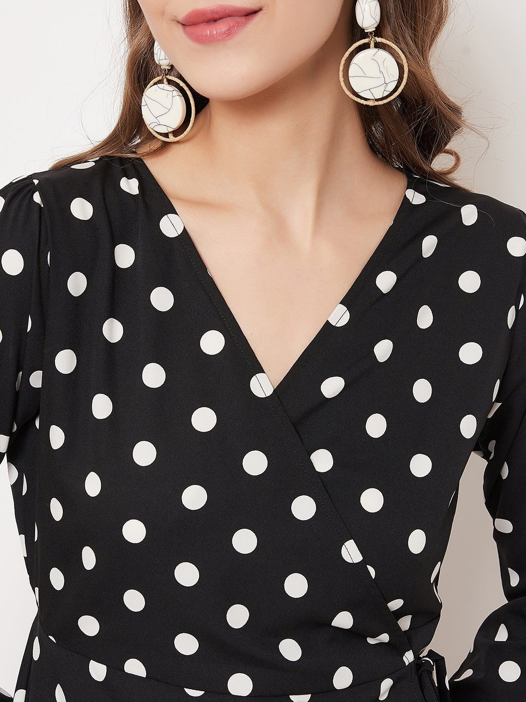 Folk Republic Women Black & White Polka Dot Printed Wrap Mini Dress - #folk republic#