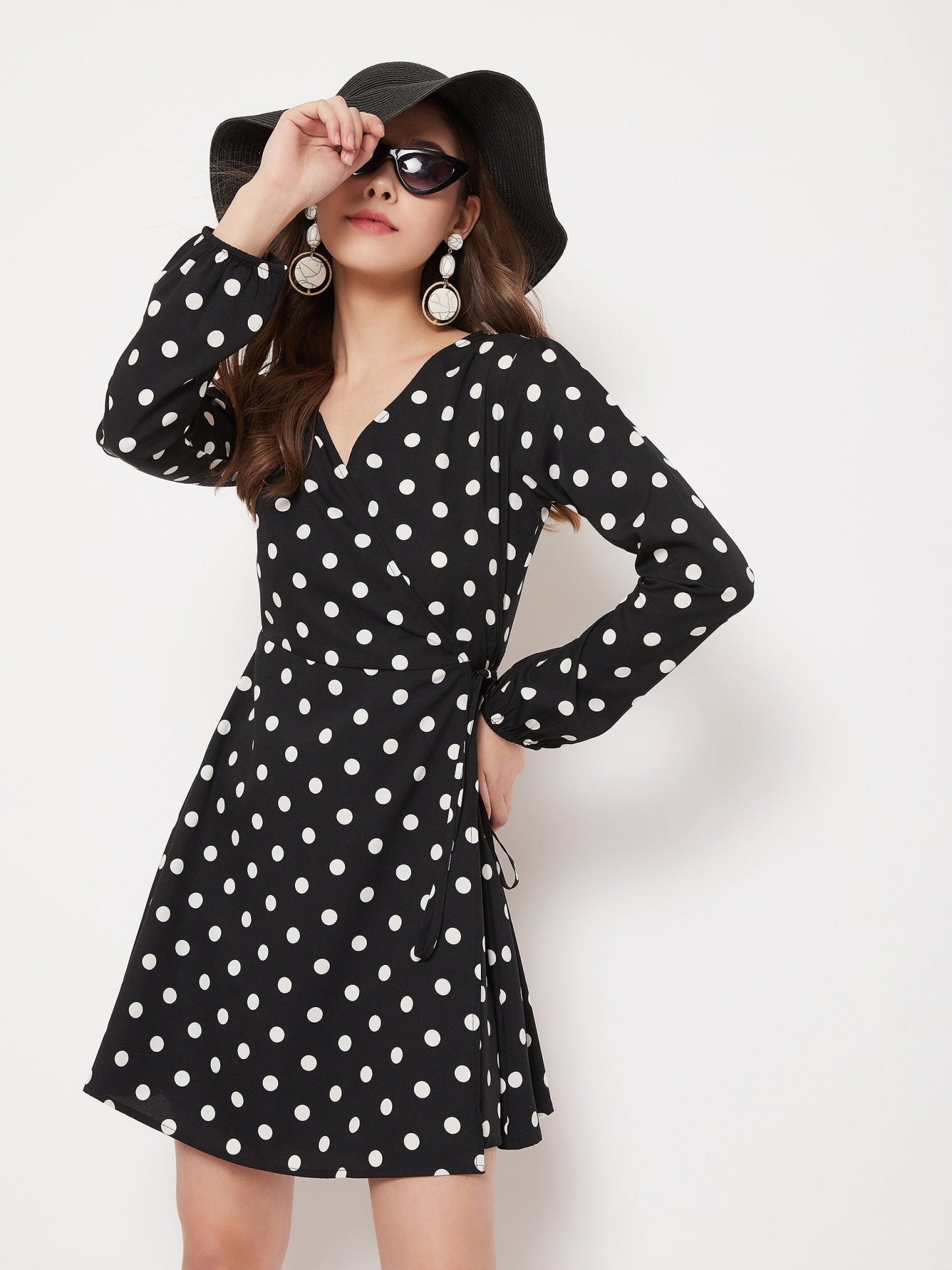 Folk Republic Women Black & White Polka Dot Printed Wrap Mini Dress - #folk republic#