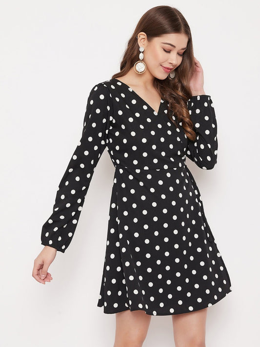 Folk Republic Women Black & White Polka Dot Printed Wrap Mini Dress - #folk republic#